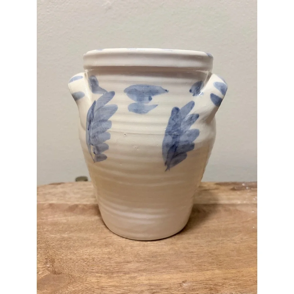 Vintage Jamestown Pottery '99 Studio Blue White Stoneware Crock Utensil Vase